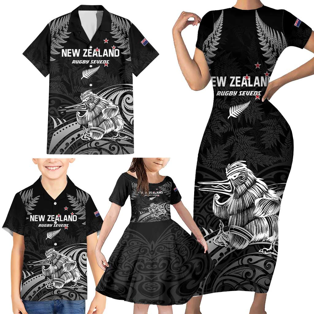 Custom New Zealand 2024 Rugby Family Matching Short Sleeve Bodycon Dress and Hawaiian Shirt Silver Fern Aotearoa Kiwi