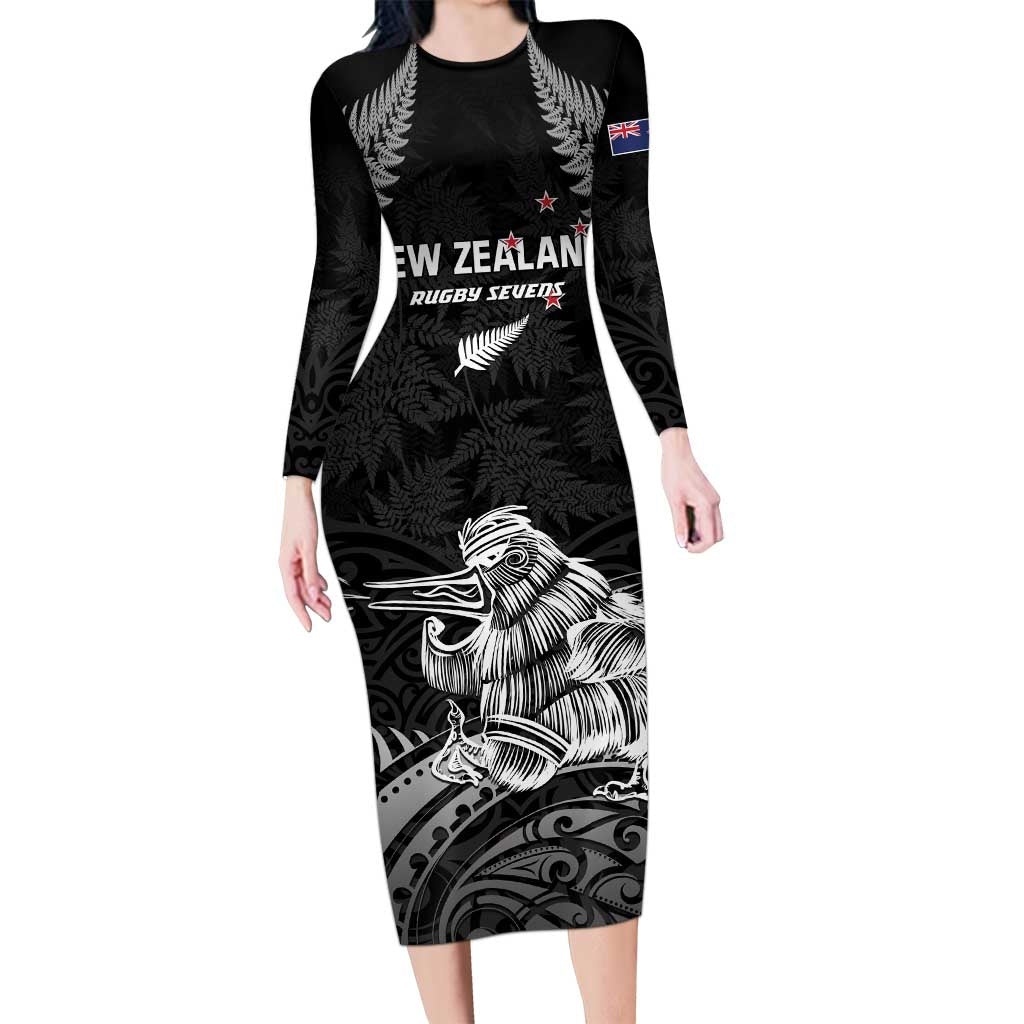 Custom New Zealand 2024 Rugby Long Sleeve Bodycon Dress Silver Fern Aotearoa Kiwi