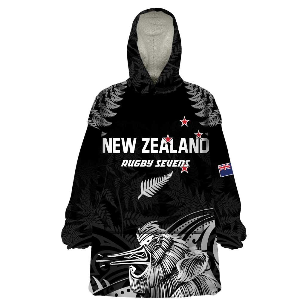 Custom New Zealand 2024 Rugby Wearable Blanket Hoodie Silver Fern Aotearoa Kiwi LT01 One Size Black - Polynesian Pride