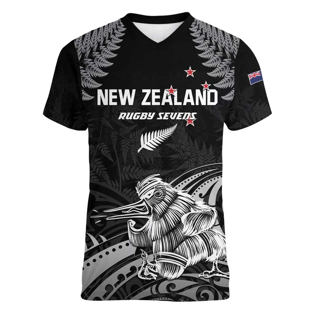 Custom New Zealand 2024 Rugby Women V-Neck T-Shirt Silver Fern Aotearoa Kiwi