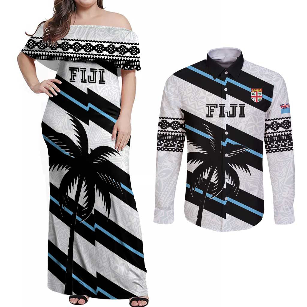 Custom Fiji 2024 Rugby Couples Matching Off Shoulder Maxi Dress and Long Sleeve Button Shirt Fijian Tapa Pattern