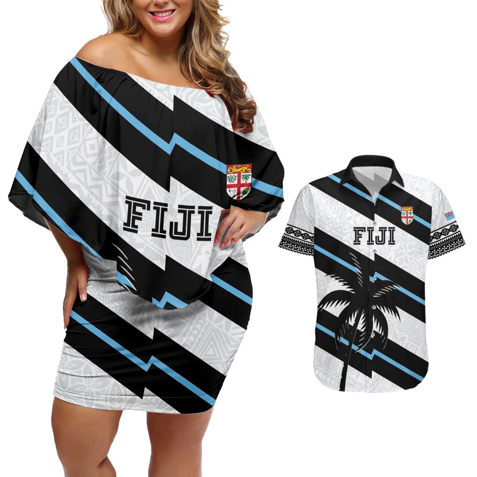 Custom Fiji 2024 Rugby Couples Matching Off Shoulder Short Dress and Hawaiian Shirt Fijian Tapa Pattern