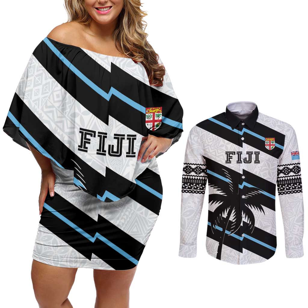 Custom Fiji 2024 Rugby Couples Matching Off Shoulder Short Dress and Long Sleeve Button Shirt Fijian Tapa Pattern