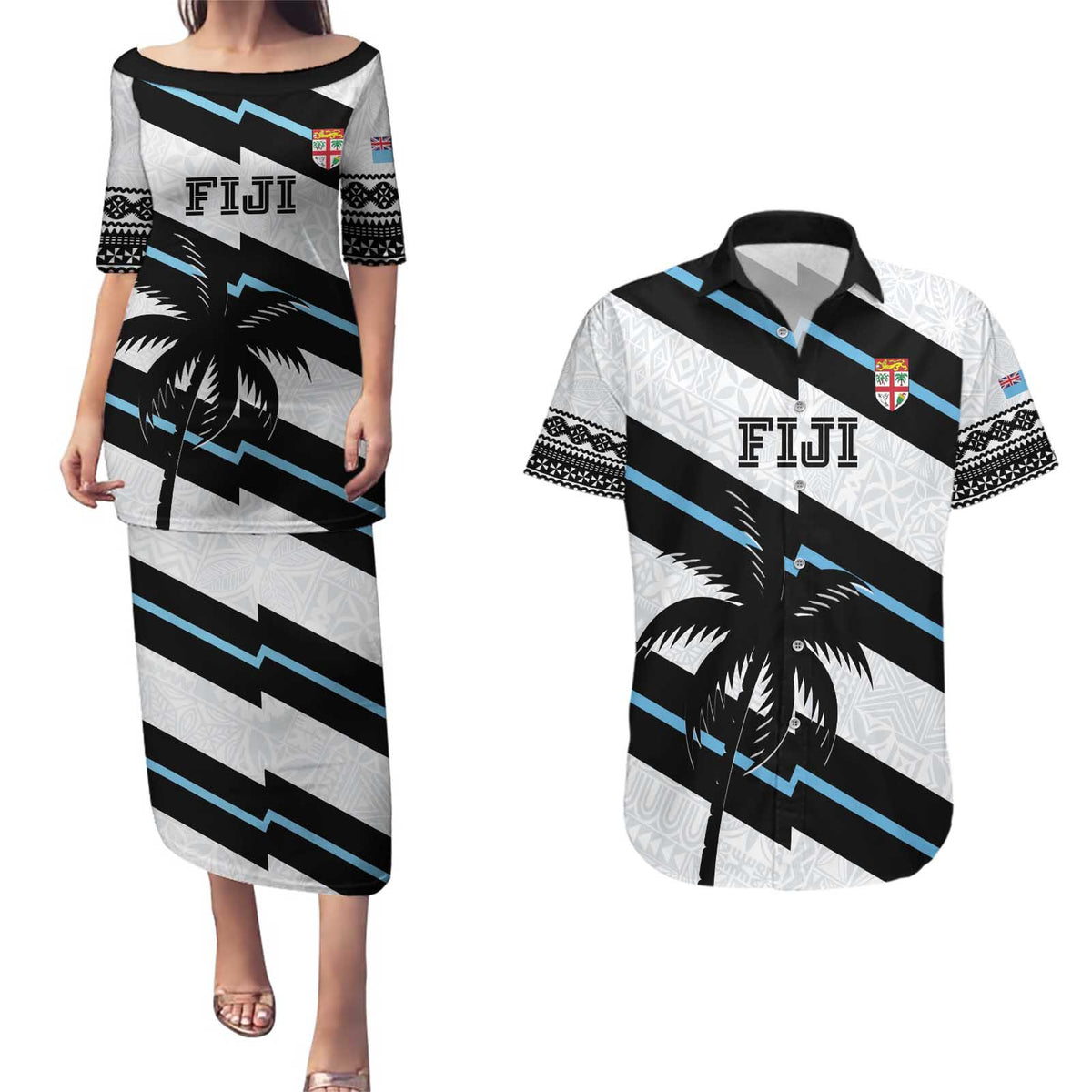 Custom Fiji 2024 Rugby Couples Matching Puletasi and Hawaiian Shirt Fijian Tapa Pattern