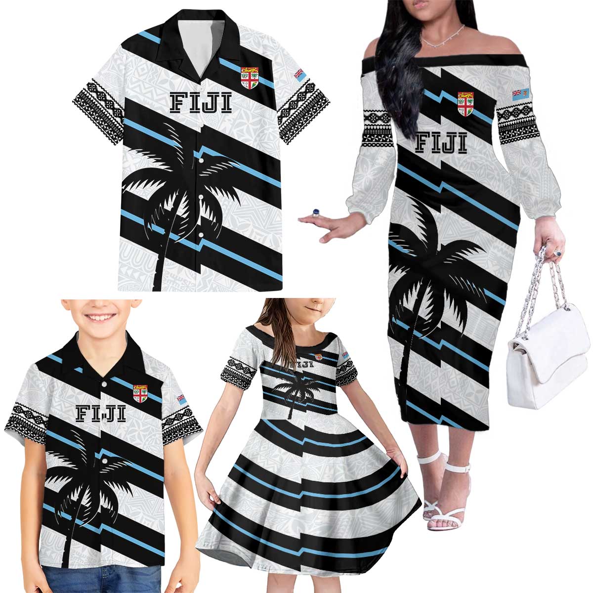 Custom Fiji 2024 Rugby Family Matching Off The Shoulder Long Sleeve Dress and Hawaiian Shirt Fijian Tapa Pattern