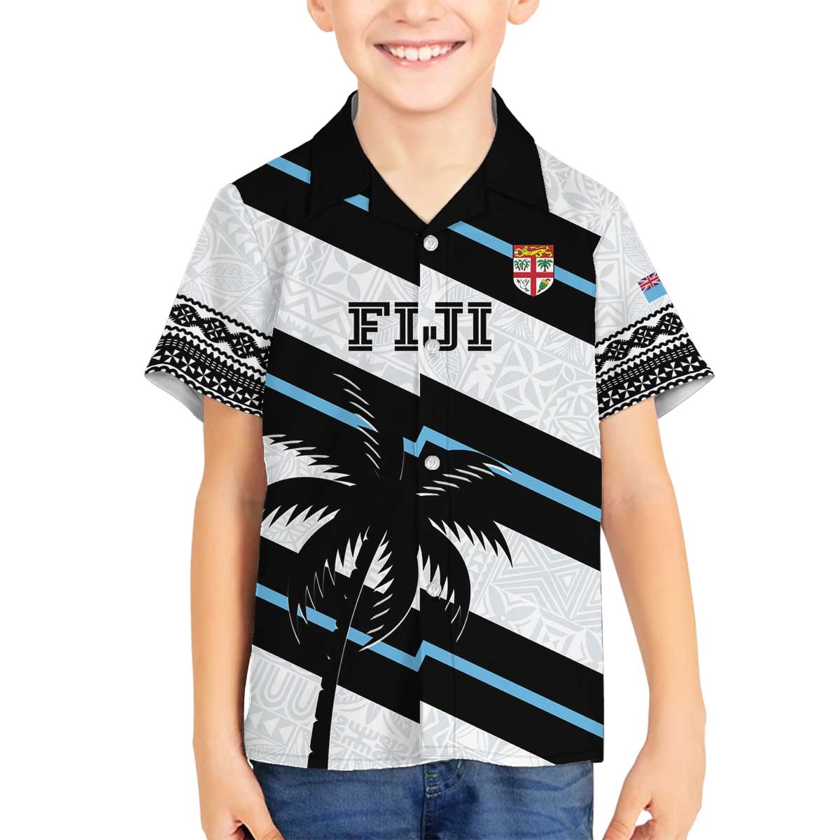 Custom Fiji 2024 Rugby Family Matching Off The Shoulder Long Sleeve Dress and Hawaiian Shirt Fijian Tapa Pattern
