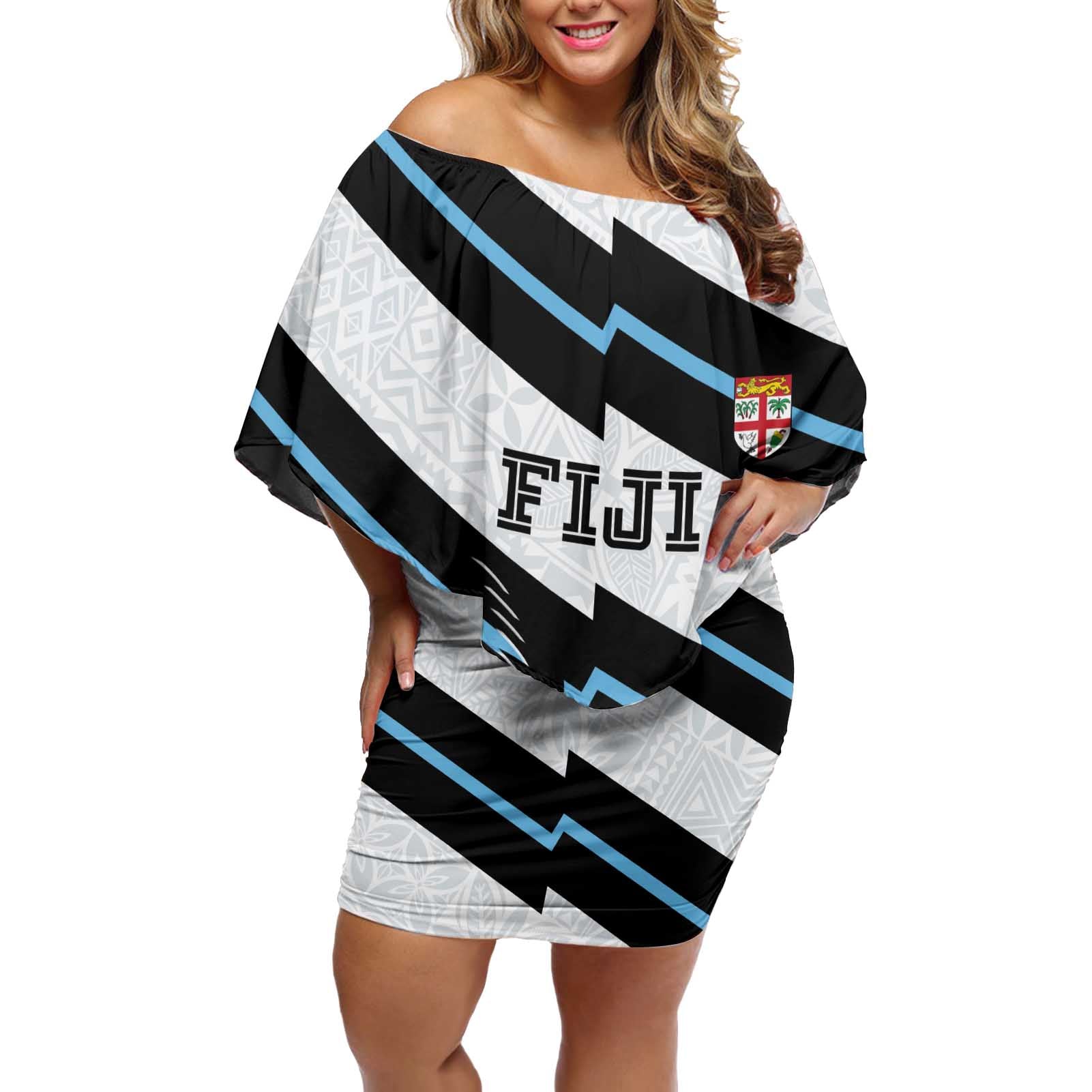 Custom Fiji 2024 Rugby Off Shoulder Short Dress Fijian Tapa Pattern