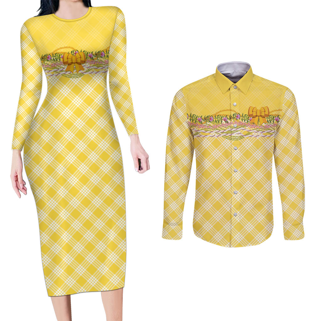 Hawaii Palaka Pikake Lokelani Plumeria Couples Matching Long Sleeve Bodycon Dress and Long Sleeve Button Shirt Melemele Coquette Bow