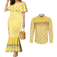 Hawaii Palaka Pikake Lokelani Plumeria Couples Matching Mermaid Dress and Long Sleeve Button Shirt Melemele Coquette Bow