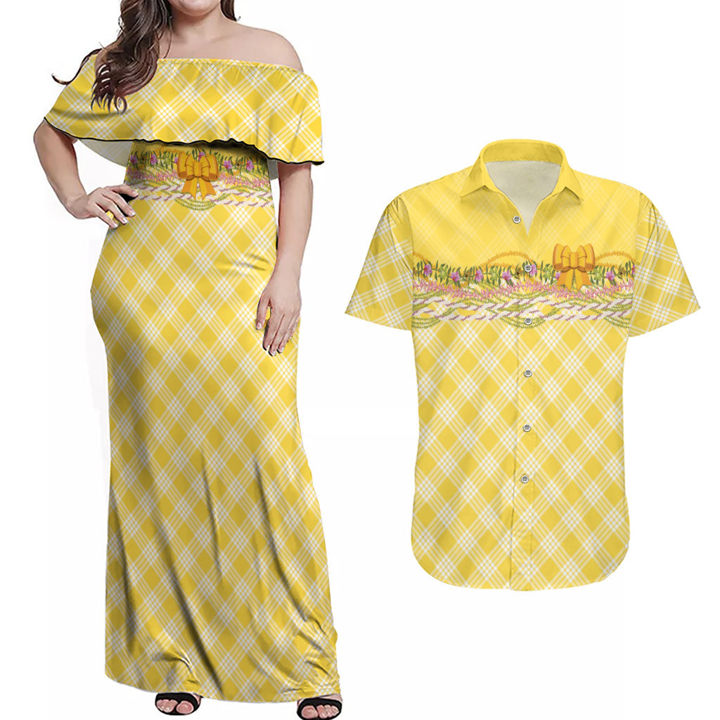 Hawaii Palaka Pikake Lokelani Plumeria Couples Matching Off Shoulder Maxi Dress and Hawaiian Shirt Melemele Coquette Bow LT01 Yellow - Polynesian Pride