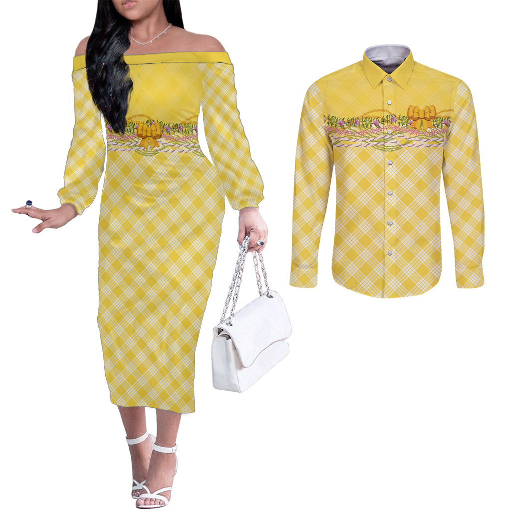 Hawaii Palaka Pikake Lokelani Plumeria Couples Matching Off The Shoulder Long Sleeve Dress and Long Sleeve Button Shirt Melemele Coquette Bow