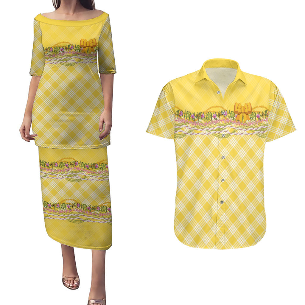 Hawaii Palaka Pikake Lokelani Plumeria Couples Matching Puletasi and Hawaiian Shirt Melemele Coquette Bow LT01 Yellow - Polynesian Pride