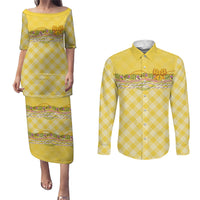 Hawaii Palaka Pikake Lokelani Plumeria Couples Matching Puletasi and Long Sleeve Button Shirt Melemele Coquette Bow