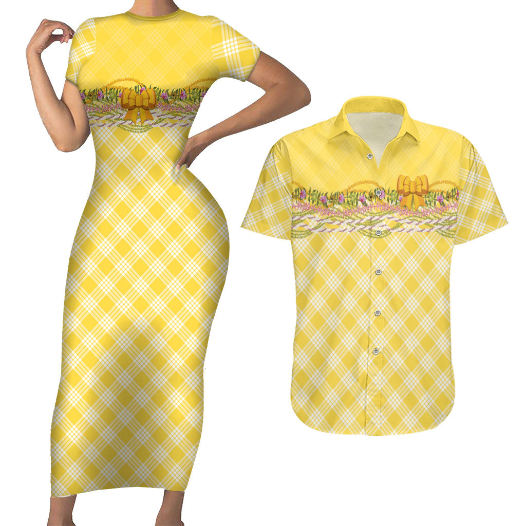 Hawaii Palaka Pikake Lokelani Plumeria Couples Matching Short Sleeve Bodycon Dress and Hawaiian Shirt Melemele Coquette Bow
