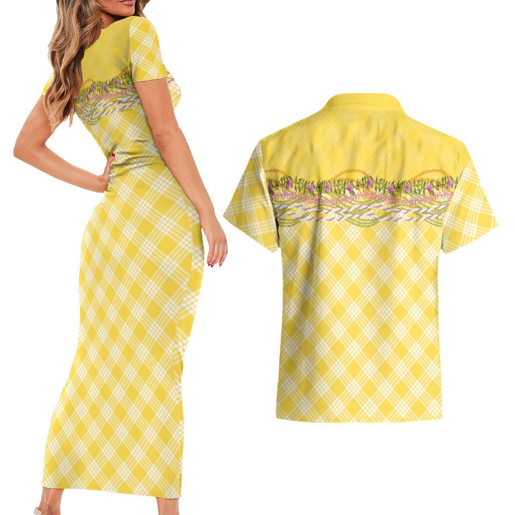 Hawaii Palaka Pikake Lokelani Plumeria Couples Matching Short Sleeve Bodycon Dress and Hawaiian Shirt Melemele Coquette Bow