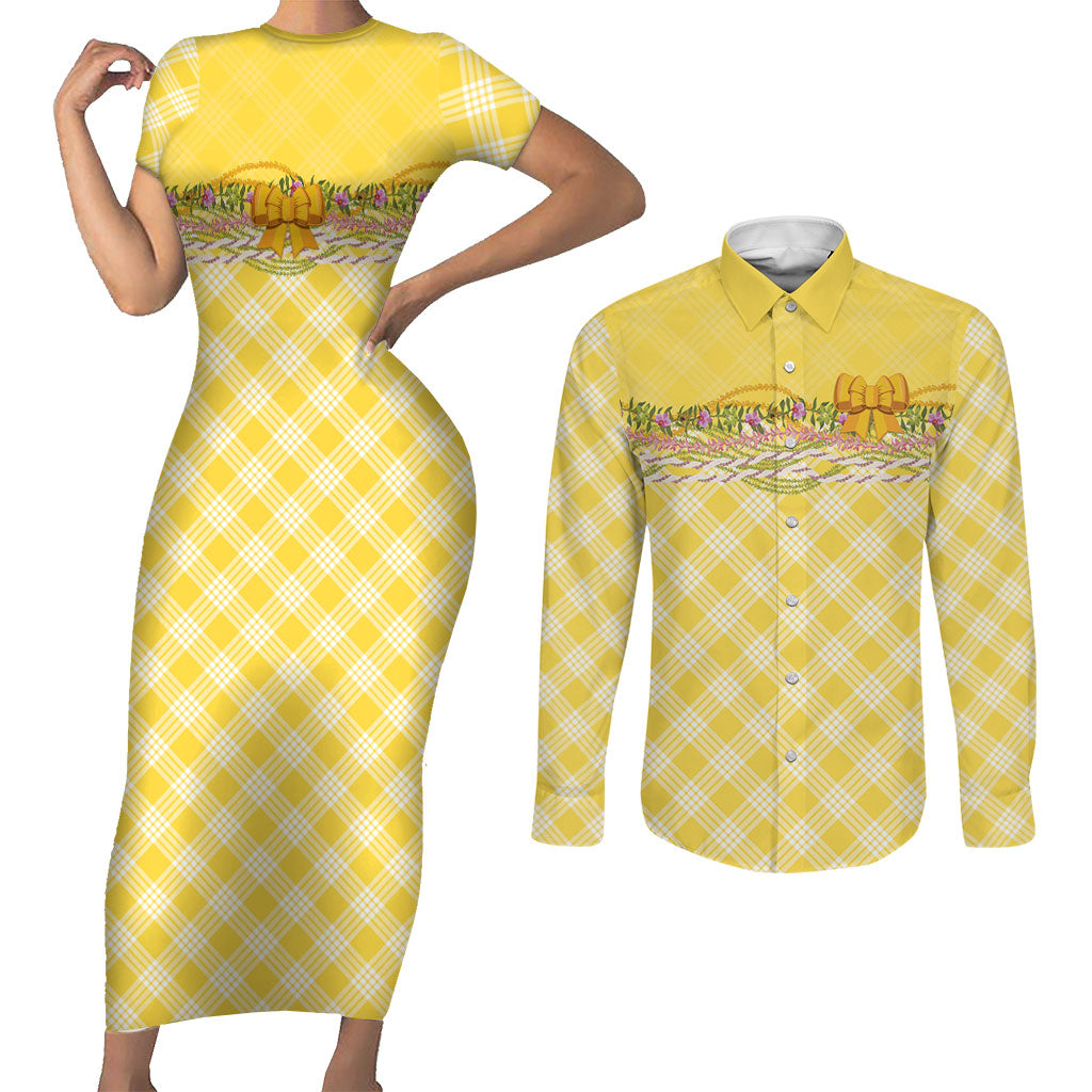 Hawaii Palaka Pikake Lokelani Plumeria Couples Matching Short Sleeve Bodycon Dress and Long Sleeve Button Shirt Melemele Coquette Bow