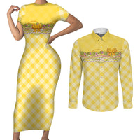 Hawaii Palaka Pikake Lokelani Plumeria Couples Matching Short Sleeve Bodycon Dress and Long Sleeve Button Shirt Melemele Coquette Bow