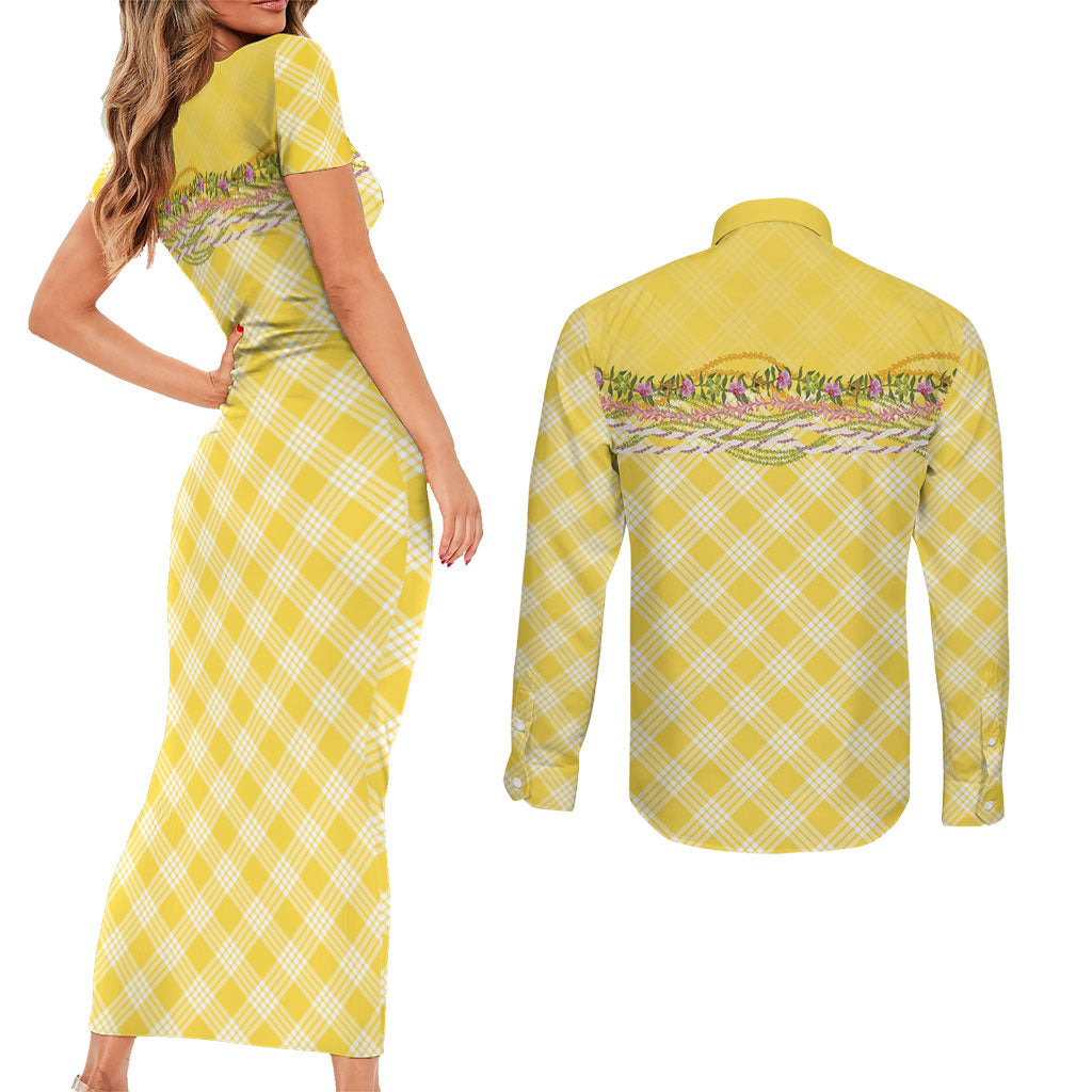 Hawaii Palaka Pikake Lokelani Plumeria Couples Matching Short Sleeve Bodycon Dress and Long Sleeve Button Shirt Melemele Coquette Bow