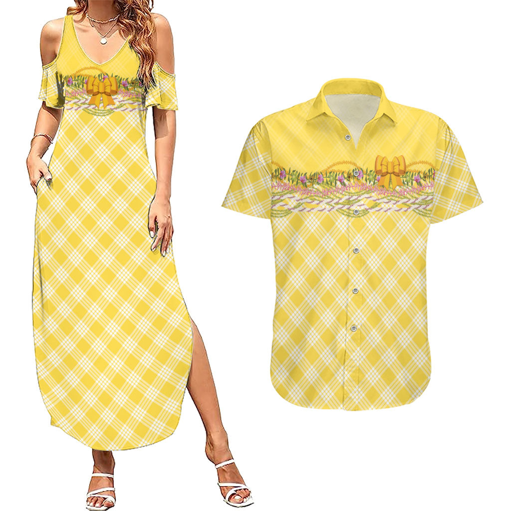 Hawaii Palaka Pikake Lokelani Plumeria Couples Matching Summer Maxi Dress and Hawaiian Shirt Melemele Coquette Bow LT01 Yellow - Polynesian Pride