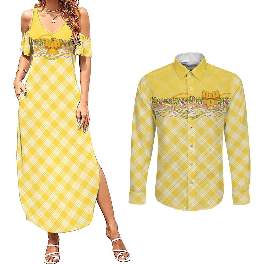 Hawaii Palaka Pikake Lokelani Plumeria Couples Matching Summer Maxi Dress and Long Sleeve Button Shirt Melemele Coquette Bow