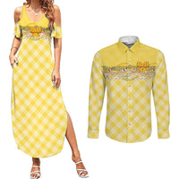 Hawaii Palaka Pikake Lokelani Plumeria Couples Matching Summer Maxi Dress and Long Sleeve Button Shirt Melemele Coquette Bow
