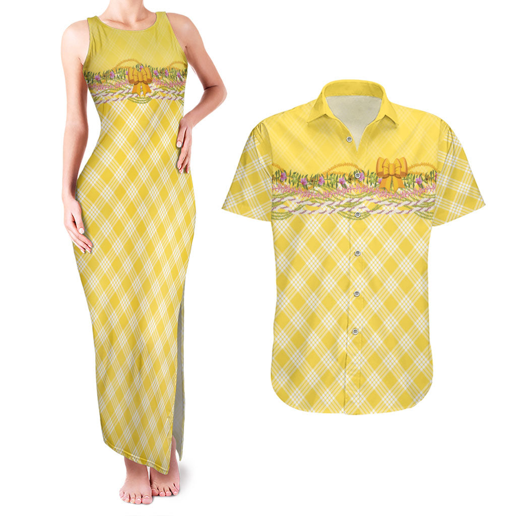 Hawaii Palaka Pikake Lokelani Plumeria Couples Matching Tank Maxi Dress and Hawaiian Shirt Melemele Coquette Bow