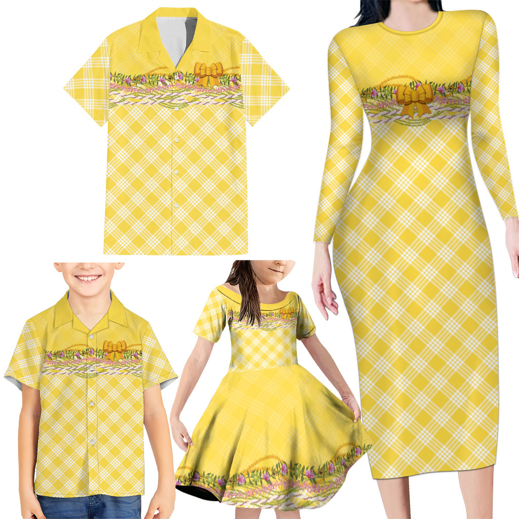 Hawaii Palaka Pikake Lokelani Plumeria Family Matching Long Sleeve Bodycon Dress and Hawaiian Shirt Melemele Coquette Bow LT01 - Polynesian Pride