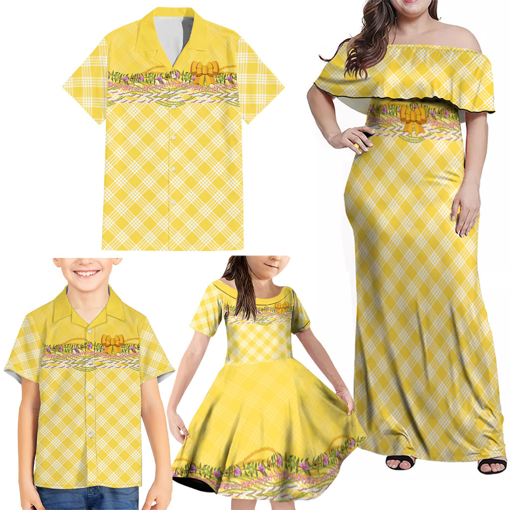 Hawaii Palaka Pikake Lokelani Plumeria Family Matching Off Shoulder Maxi Dress and Hawaiian Shirt Melemele Coquette Bow
