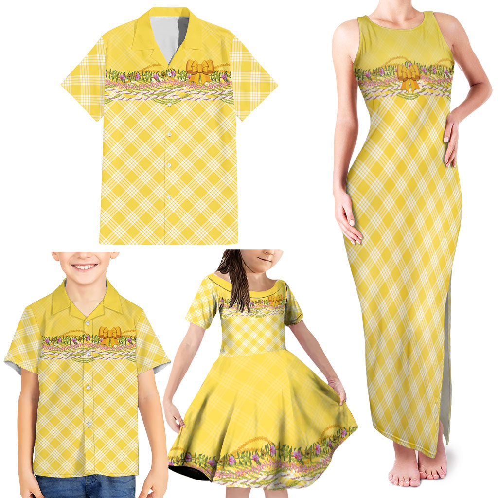 Hawaii Palaka Pikake Lokelani Plumeria Family Matching Tank Maxi Dress and Hawaiian Shirt Melemele Coquette Bow