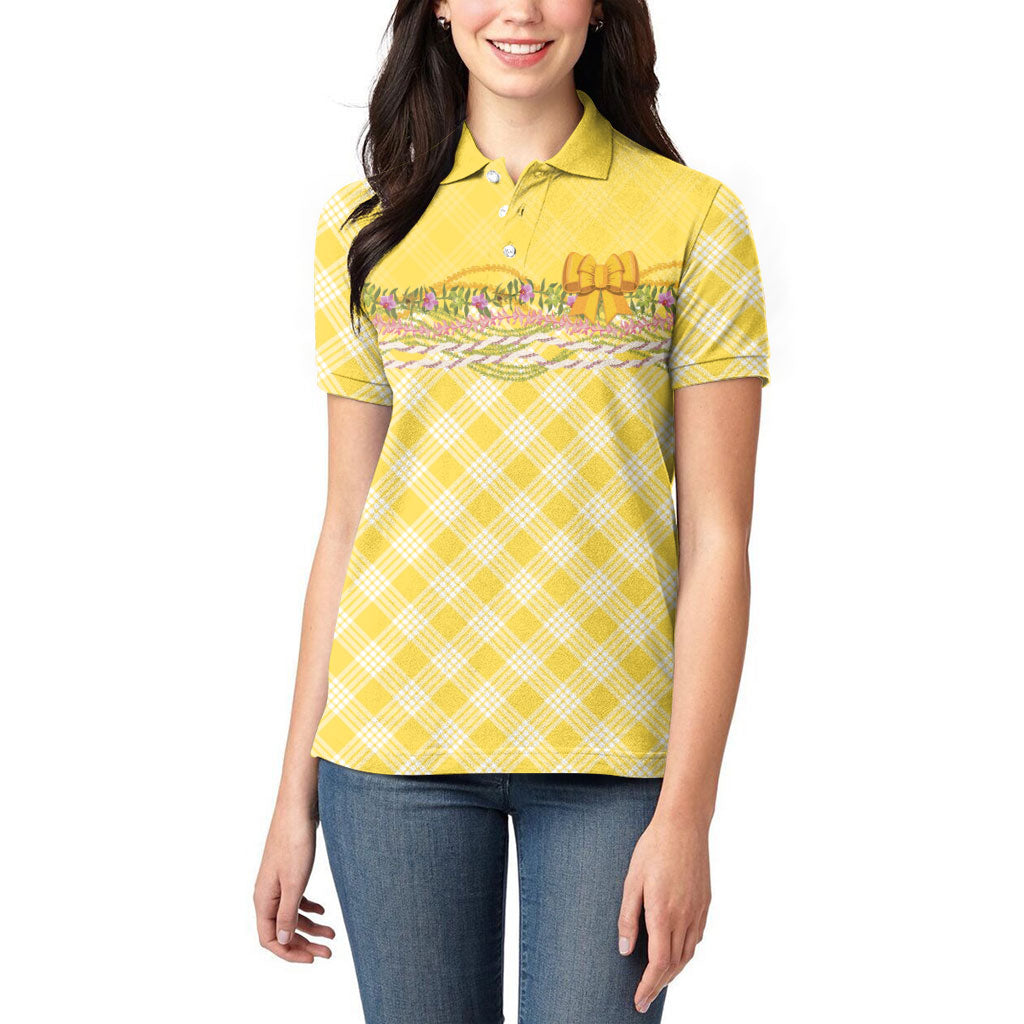 Hawaii Palaka Pikake Lokelani Plumeria Women Polo Shirt Melemele Coquette Bow