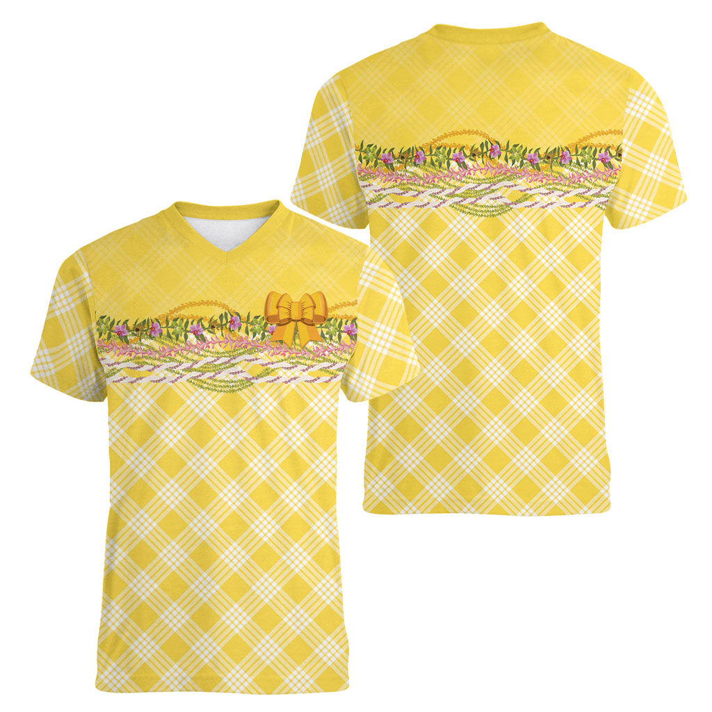 Hawaii Palaka Pikake Lokelani Plumeria Women V-Neck T-Shirt Melemele Coquette Bow
