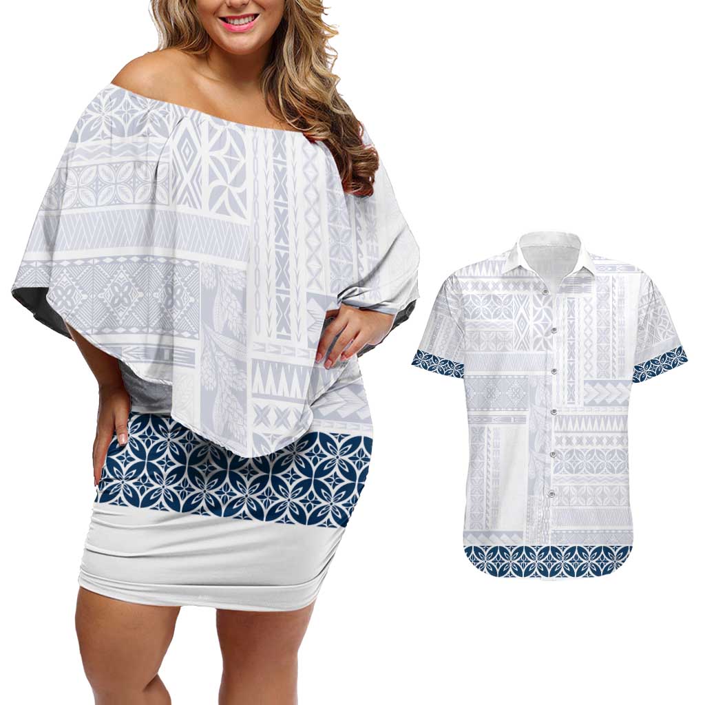 Samoa Siapo Blue Trimmed Couples Matching Off Shoulder Short Dress and Hawaiian Shirt Samoa White Sunday - Polynesian Pride