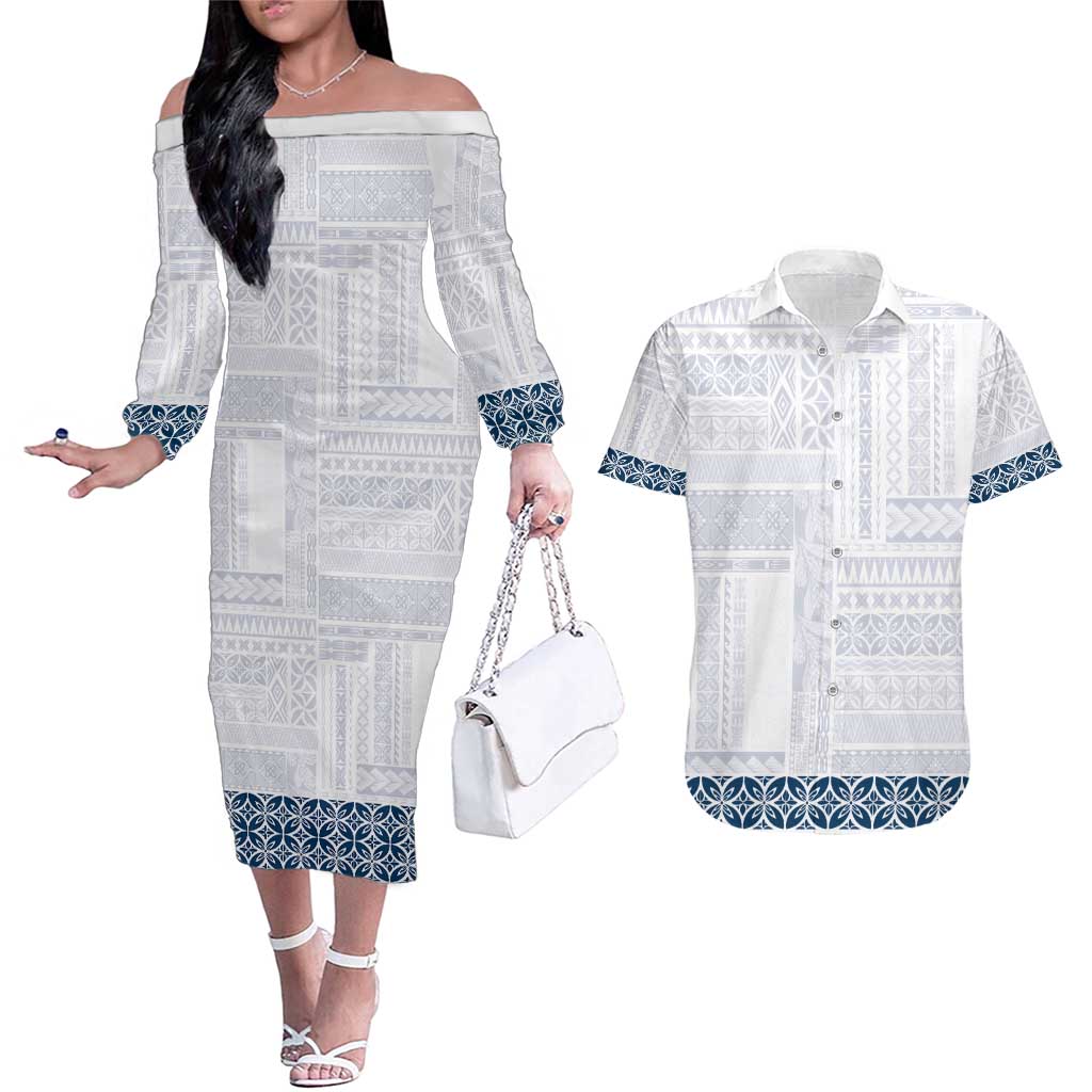 Samoa Siapo Blue Trimmed Couples Matching Off The Shoulder Long Sleeve Dress and Hawaiian Shirt Samoa White Sunday - Polynesian Pride
