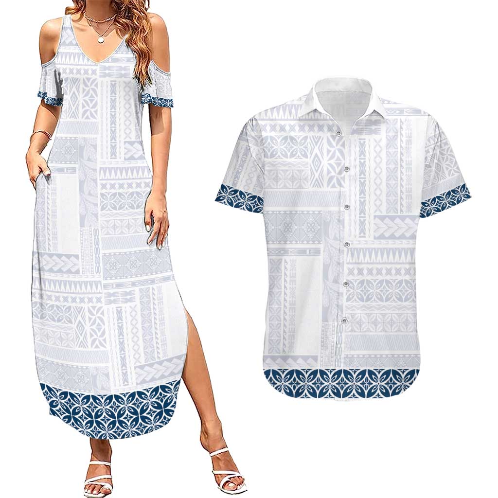 Samoa Siapo Blue Trimmed Couples Matching Summer Maxi Dress and Hawaiian Shirt Samoa White Sunday - Polynesian Pride