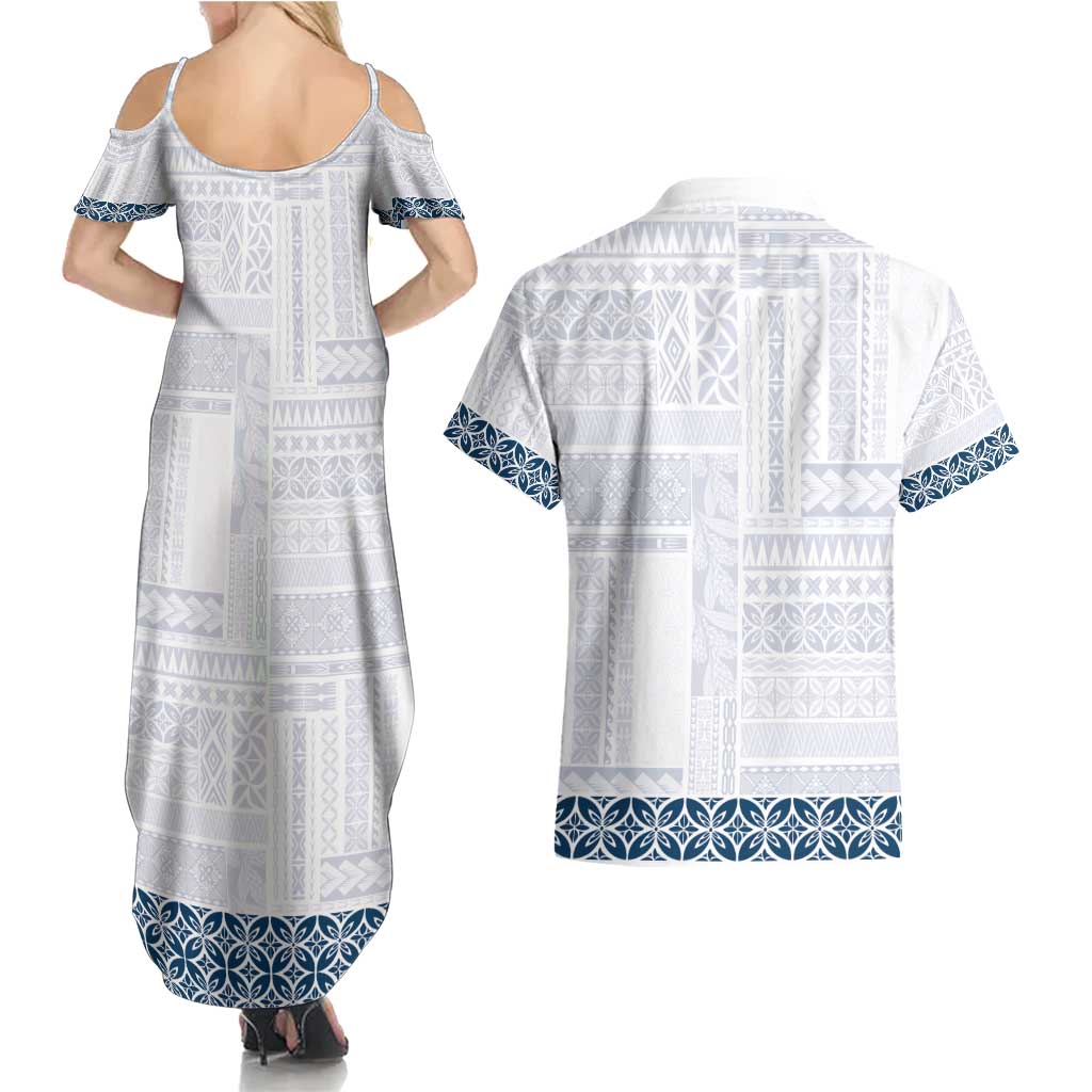 Samoa Siapo Blue Trimmed Couples Matching Summer Maxi Dress and Hawaiian Shirt Samoa White Sunday - Polynesian Pride