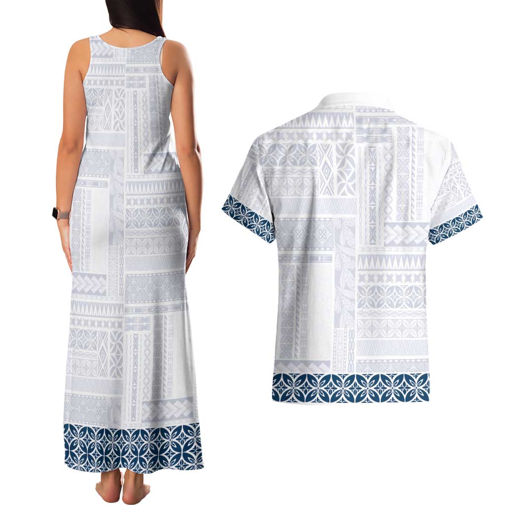 Samoa Siapo Blue Trimmed Couples Matching Tank Maxi Dress and Hawaiian Shirt Samoa White Sunday - Polynesian Pride