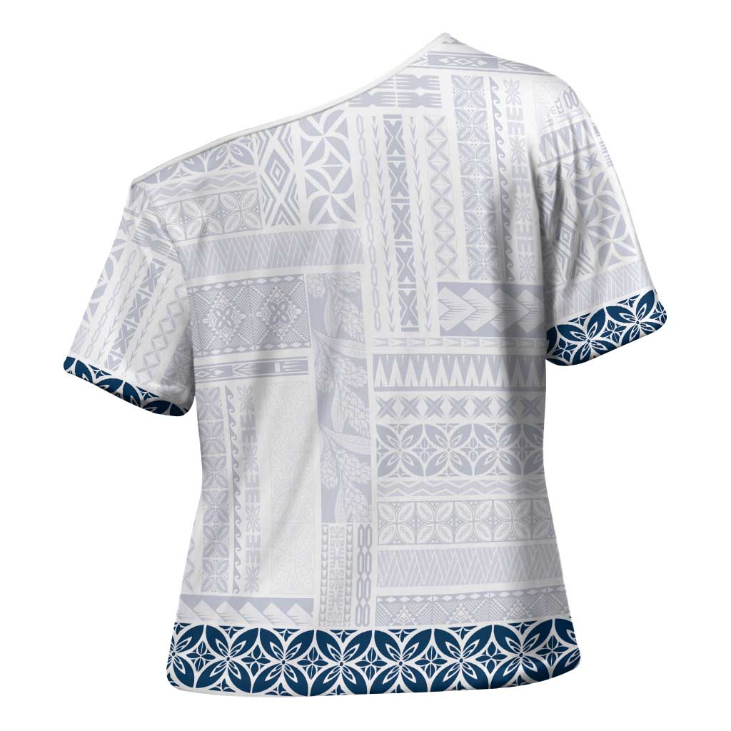 Samoa Siapo Blue Trimmed Cross Shoulder Shirt Samoa White Sunday - Polynesian Pride