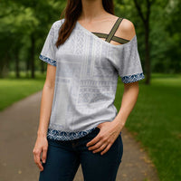 Samoa Siapo Blue Trimmed Cross Shoulder Shirt Samoa White Sunday - Polynesian Pride