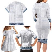 Samoa Siapo Blue Trimmed Family Matching Long Sleeve Bodycon Dress and Hawaiian Shirt Samoa White Sunday - Polynesian Pride
