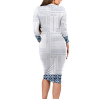 Samoa Siapo Blue Trimmed Family Matching Long Sleeve Bodycon Dress and Hawaiian Shirt Samoa White Sunday - Polynesian Pride