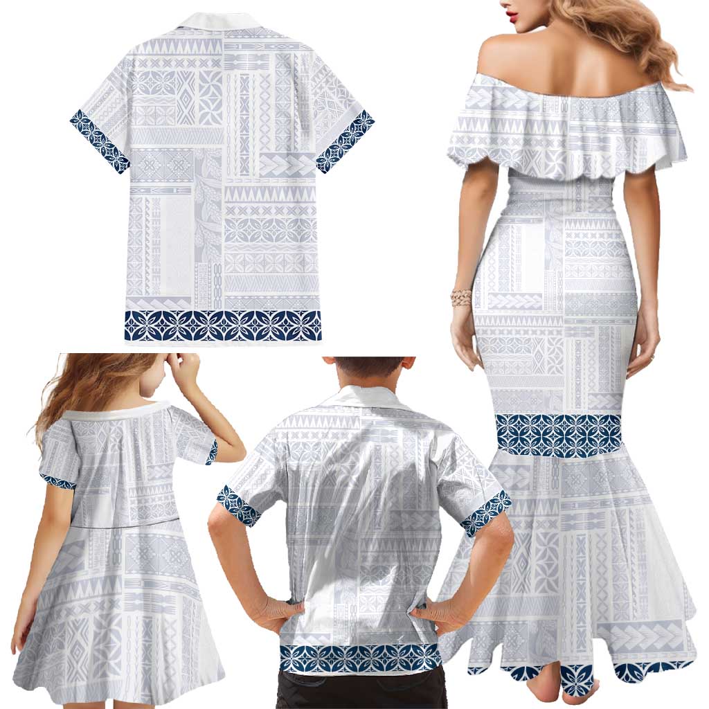 Samoa Siapo Blue Trimmed Family Matching Mermaid Dress and Hawaiian Shirt Samoa White Sunday - Polynesian Pride