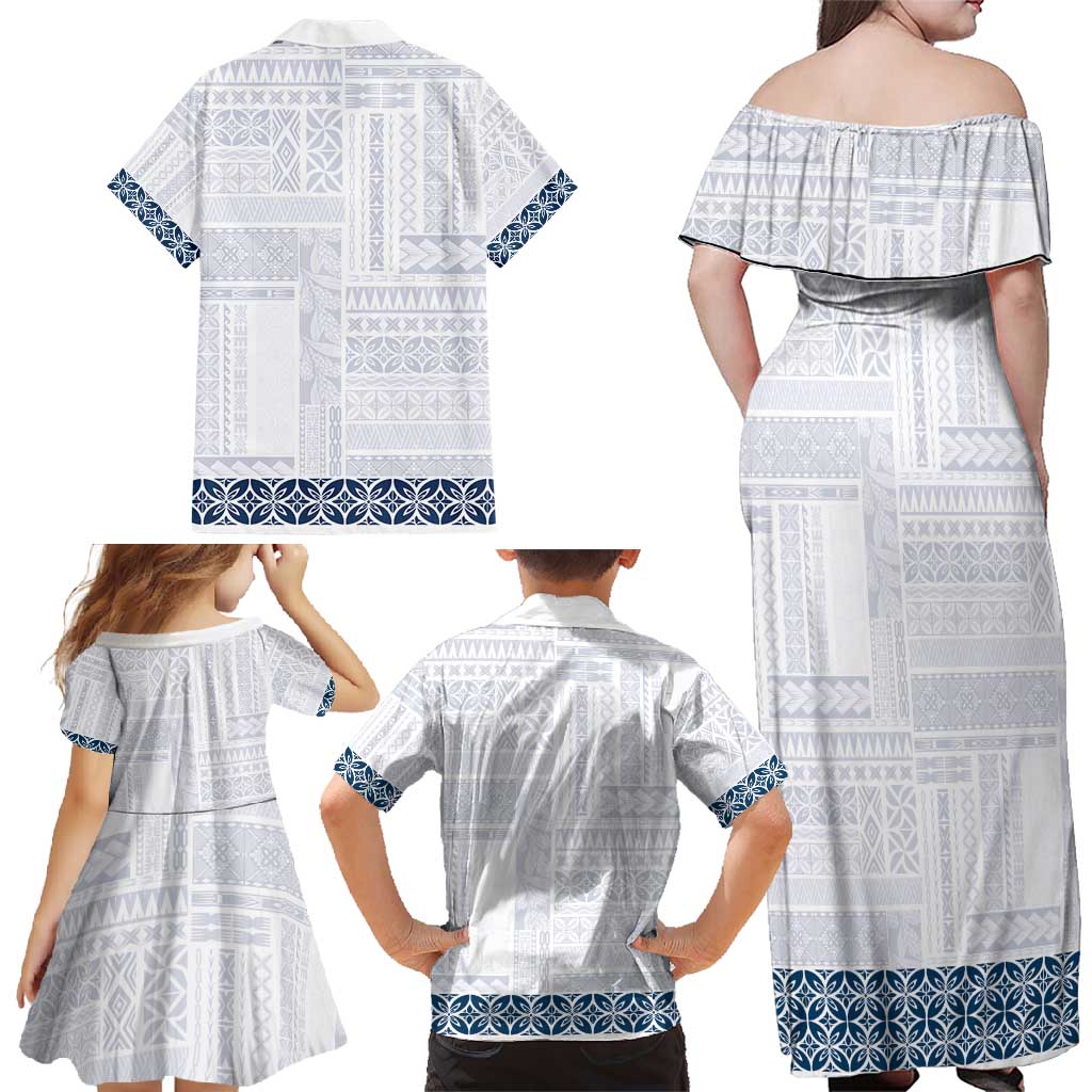 Samoa Siapo Blue Trimmed Family Matching Off Shoulder Maxi Dress and Hawaiian Shirt Samoa White Sunday - Polynesian Pride