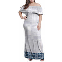 Samoa Siapo Blue Trimmed Family Matching Off Shoulder Maxi Dress and Hawaiian Shirt Samoa White Sunday - Polynesian Pride