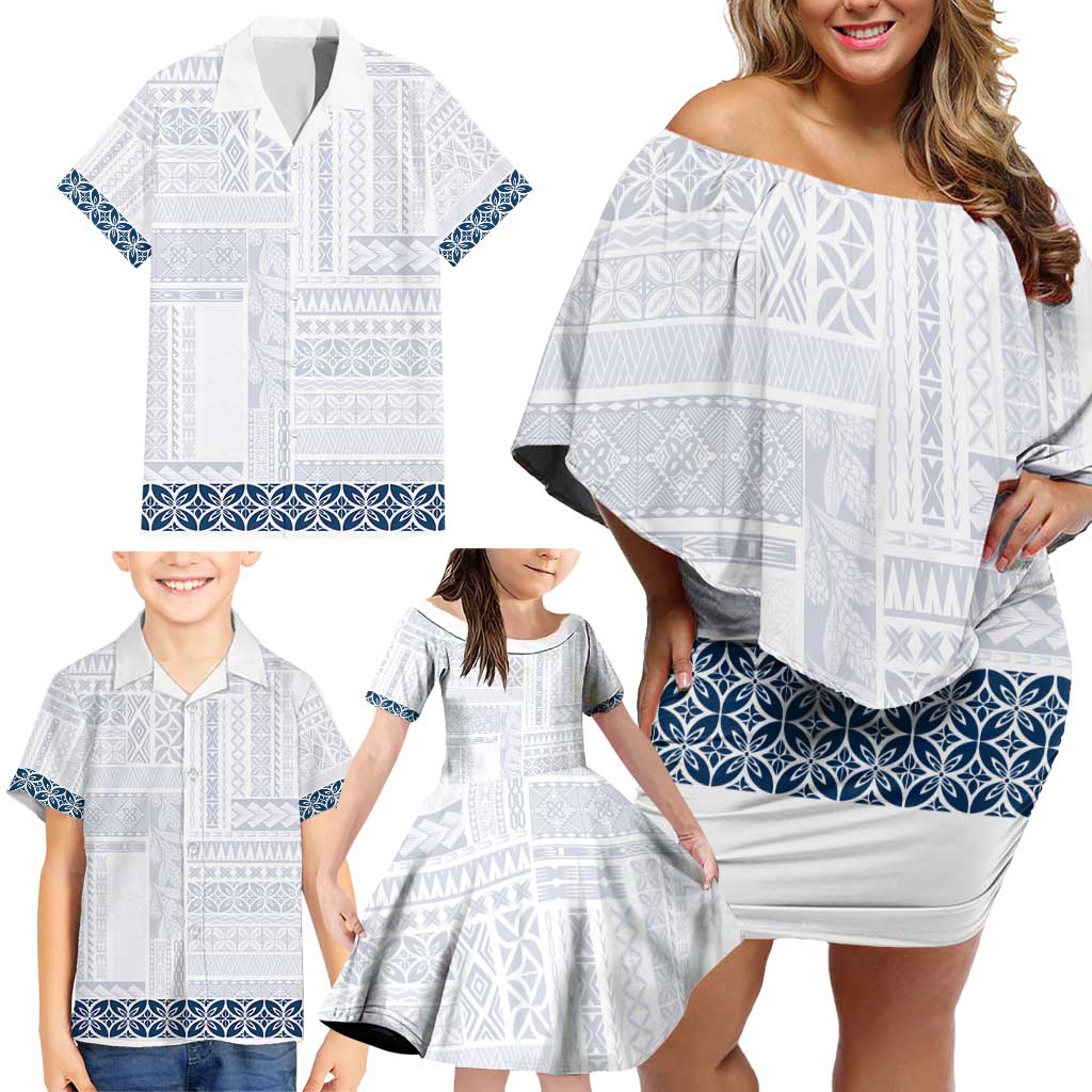 Samoa Siapo Blue Trimmed Family Matching Off Shoulder Short Dress and Hawaiian Shirt Samoa White Sunday - Polynesian Pride