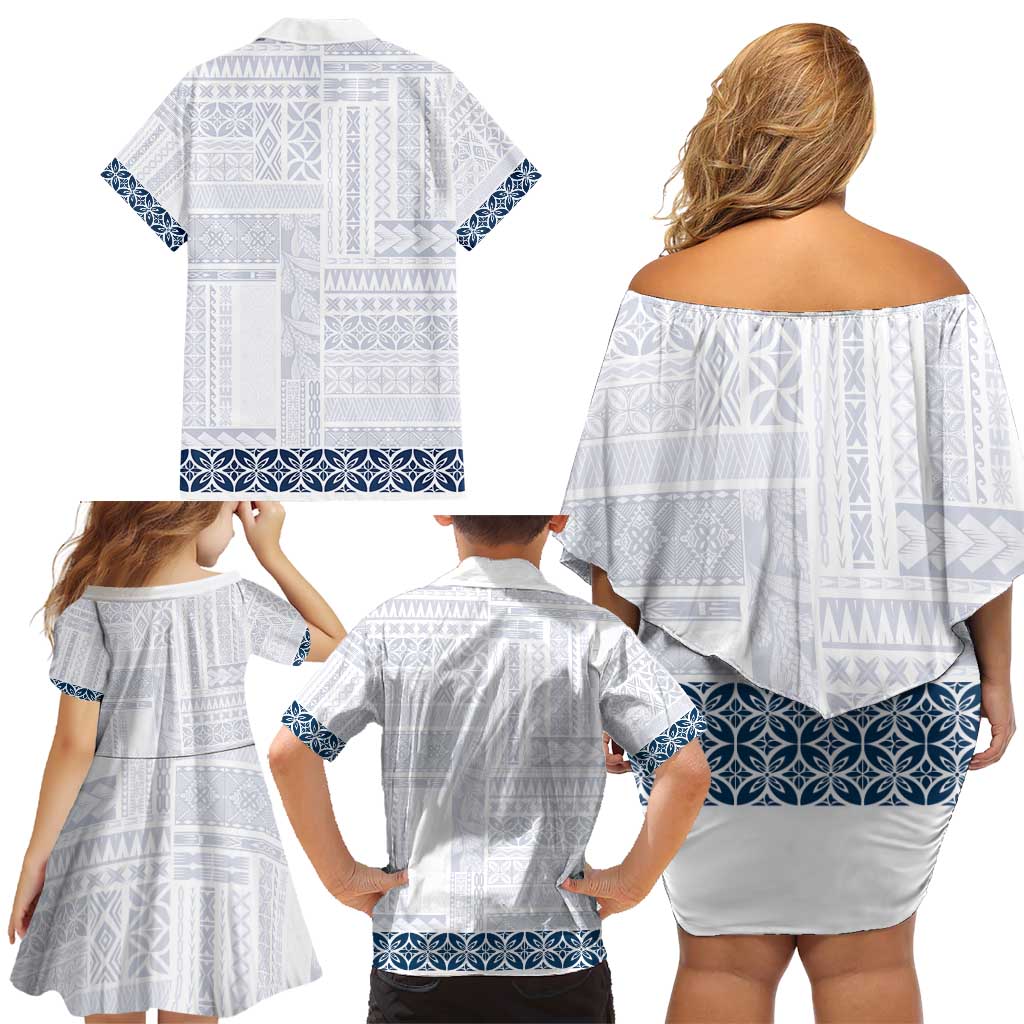 Samoa Siapo Blue Trimmed Family Matching Off Shoulder Short Dress and Hawaiian Shirt Samoa White Sunday - Polynesian Pride