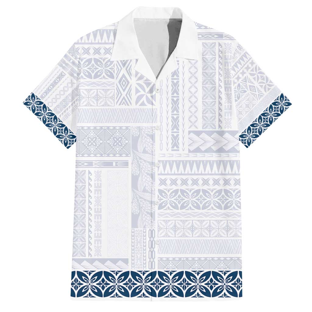 Samoa Siapo Blue Trimmed Family Matching Off Shoulder Short Dress and Hawaiian Shirt Samoa White Sunday - Polynesian Pride