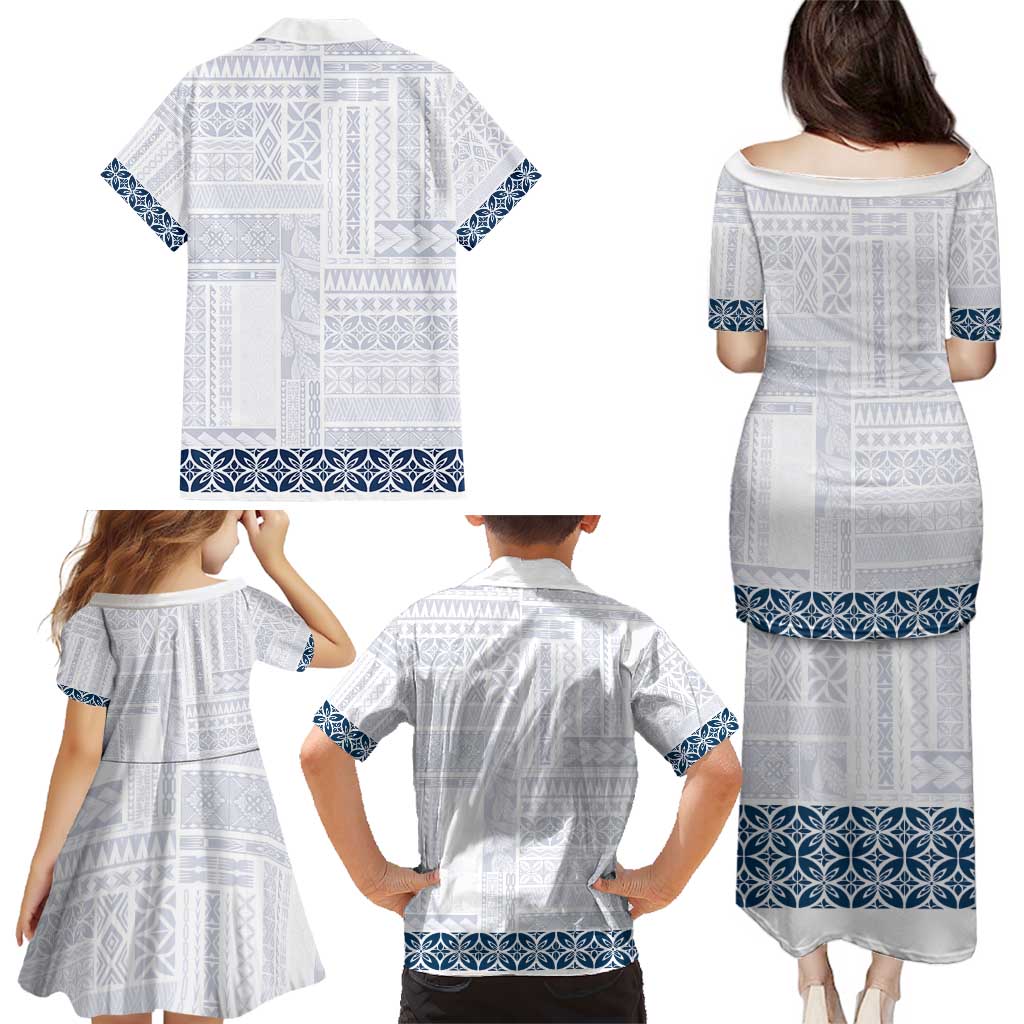 Samoa Siapo Blue Trimmed Family Matching Puletasi and Hawaiian Shirt Samoa White Sunday - Polynesian Pride
