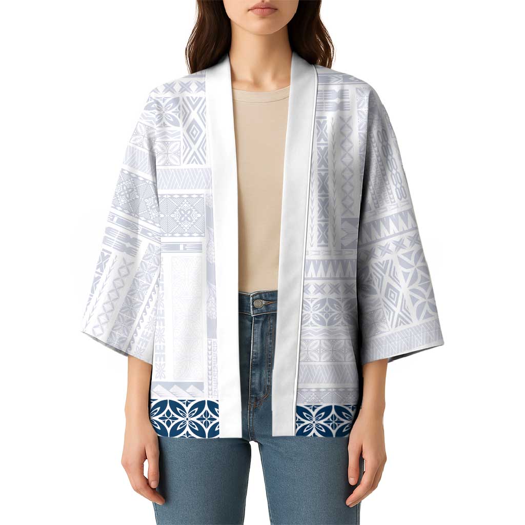 Samoa Siapo Blue Trimmed Kimono Samoa White Sunday - Polynesian Pride