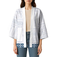 Samoa Siapo Blue Trimmed Kimono Samoa White Sunday - Polynesian Pride