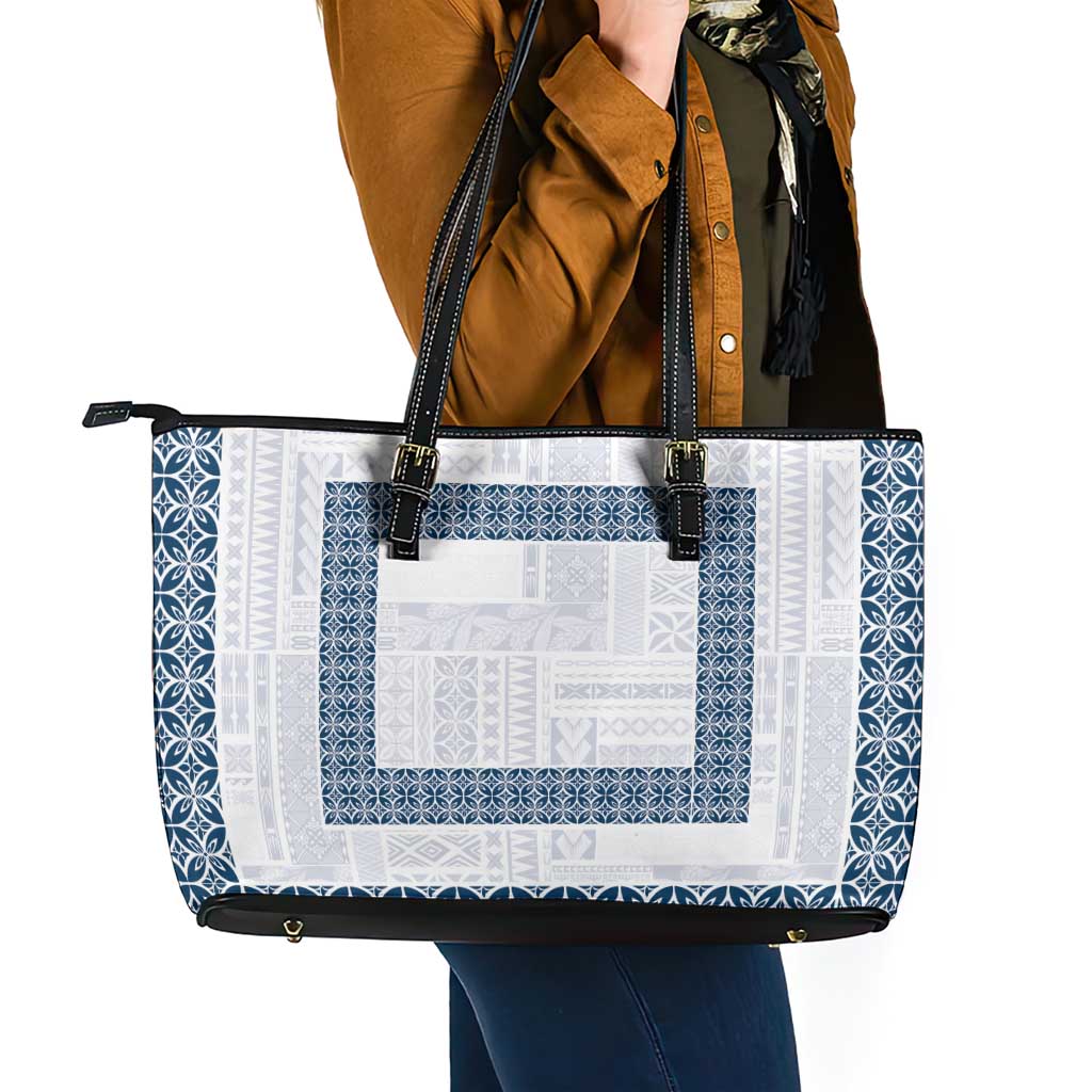 Samoa Siapo Blue Trimmed Leather Tote Bag Samoa White Sunday - Polynesian Pride